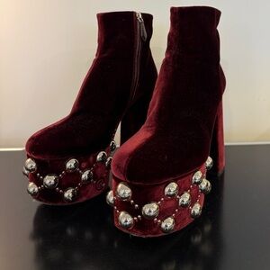 Miu Miu Burgundy Velvet Platform Studded Ankle Boots – Size 39.5 (Made in Italy)